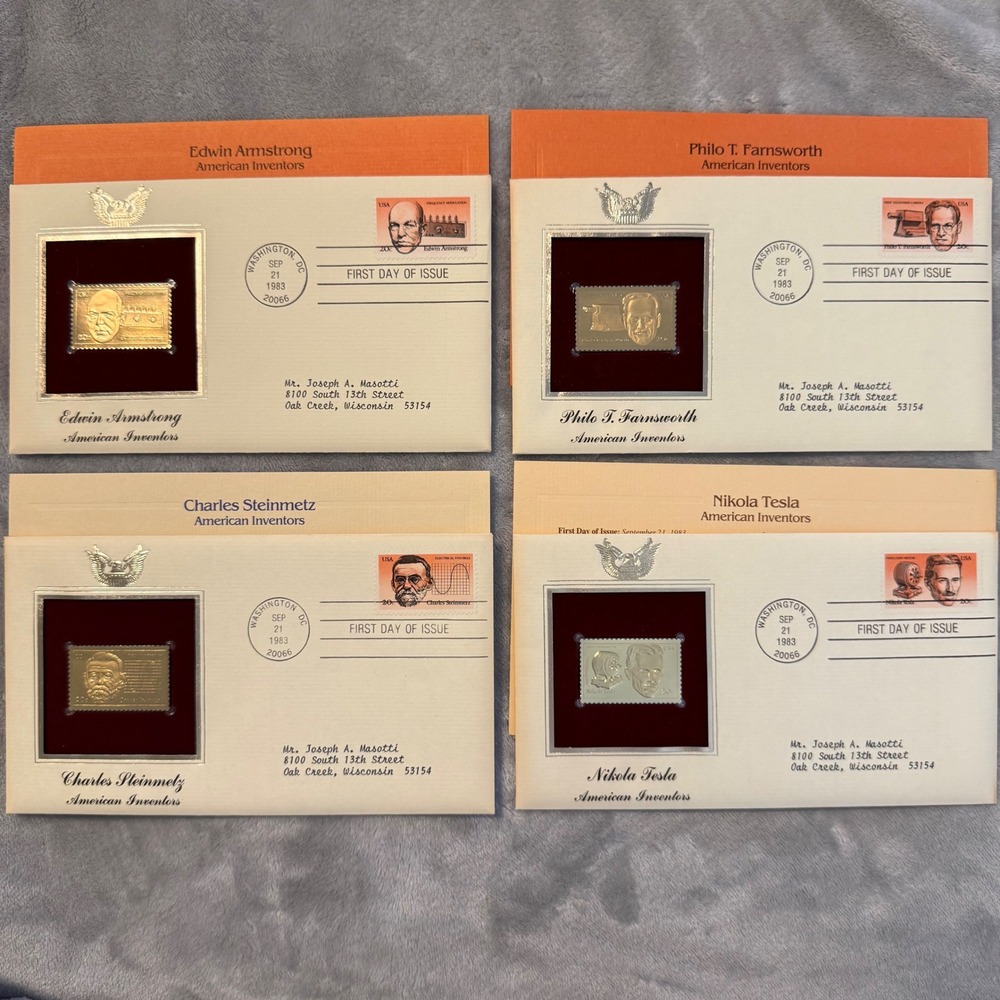 American Inventors Gold Foil First Day Cover Set Tesla‎ Farnsworth Armstrong